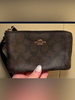 Coach Brown and Black Signature Zip Wristlet with Gold Logo